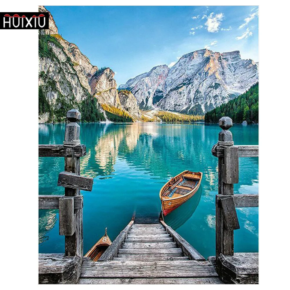 

DIY 5D распродажа Алмазная вышивка, мозаика, лодка на берегу озера, скандинавский стиль, озеро под каменной горой, полная, картина крестиком