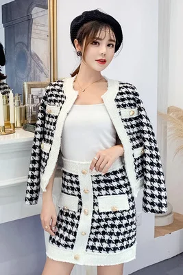 

Houndstooth Vintage Two Piece Skirt Suit Sets Women 2020 Winter Long Sleeve Coat + Single-breasted A-line Mini Skirt Outfits