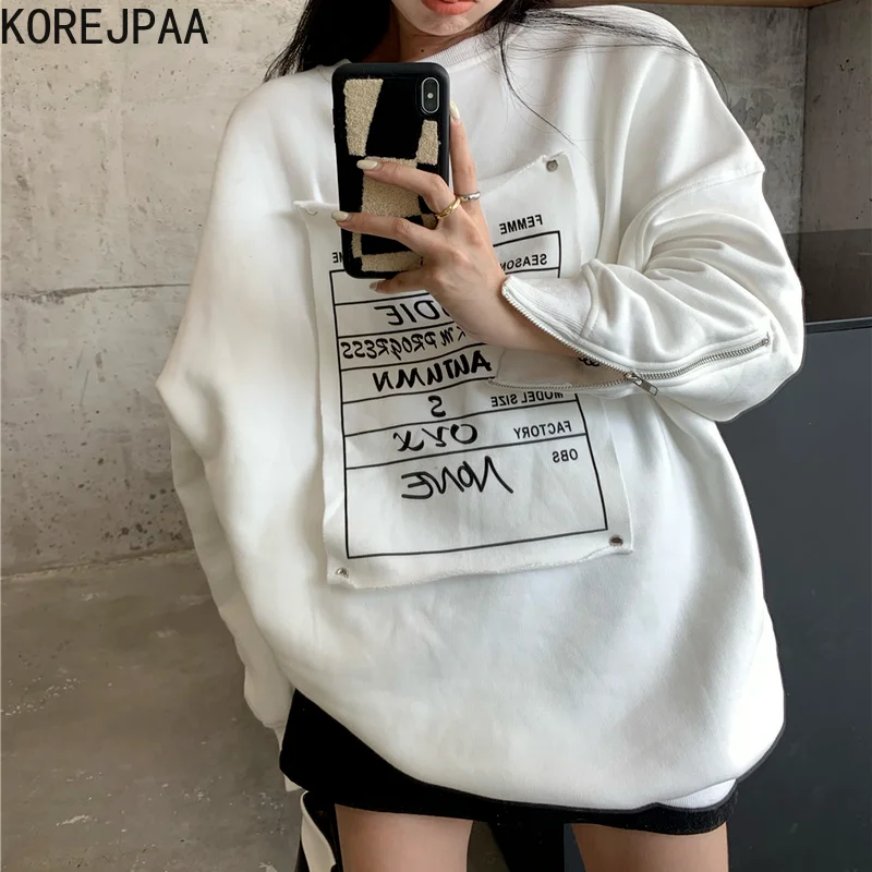 

Korejpaa Casual Letter Printing Sweatshirt Women 2021 Autumn Koream New Stitching Plus Velvet Loose Long-sleeved Pull Femme