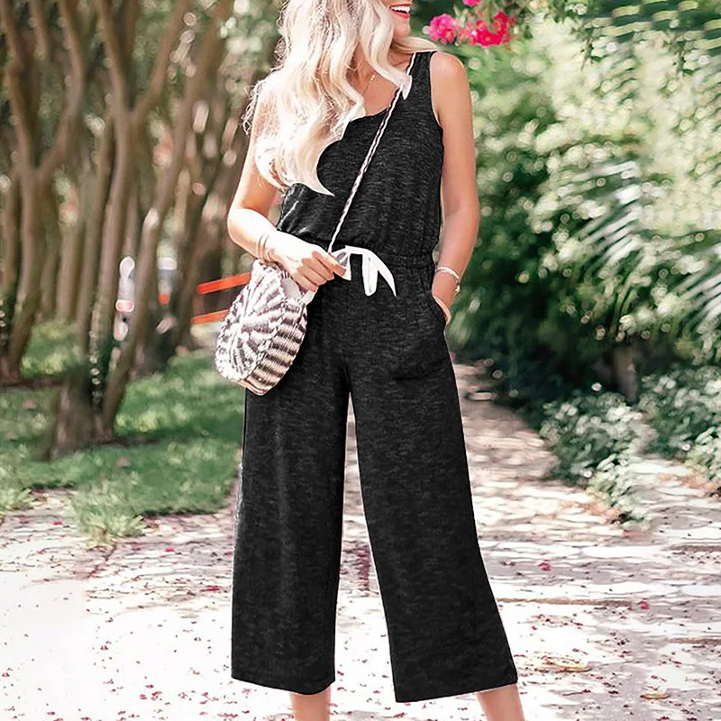 Женский комбинезон однотонный на завязках без рукавов с высокой талией и