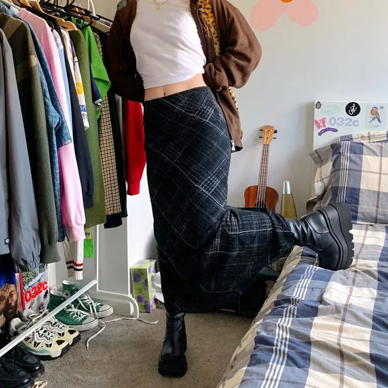 

2021 New High Waist Skirts Mid-length Over Knee Plaid Casual Double-layer Mesh Bag Hip Women's Skirt