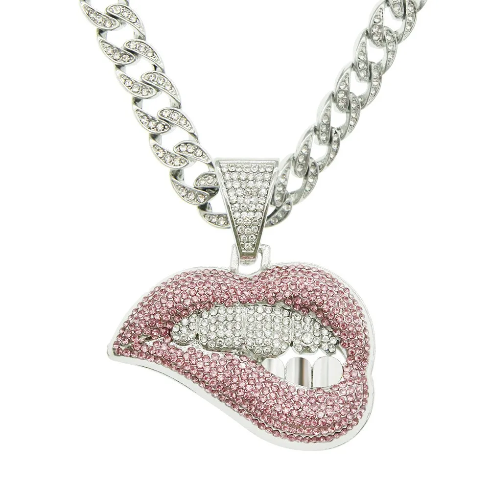 Baguette Crystal Iced Out Miami Cuban Chain Sexy Biting Pink Lips Pendant Necklace For Men Hip Hop Jewelry On The Neck Choker