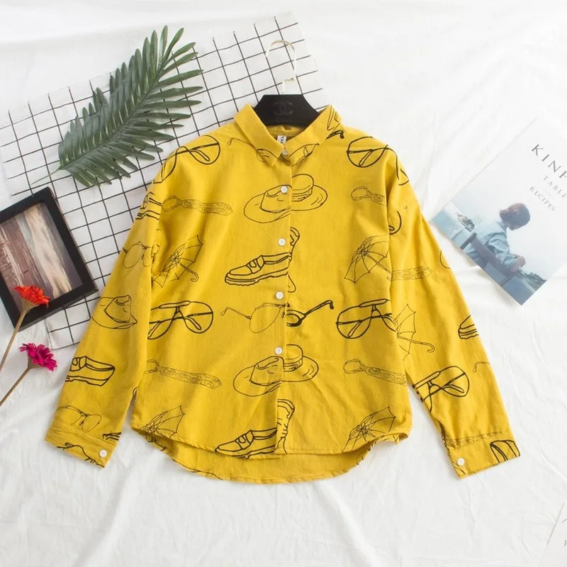 

Cartoon Print Shirts Women Cotton Linen Top Korean Fashion Cardigan Harajuku Lapel Autumn Shirt Long Sleeve Loose Shirts Blusas