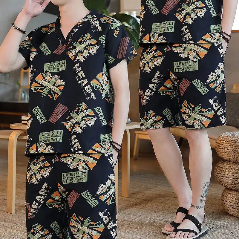 

Summer cotton hemp casual suit men's breathable and handsome Hanfu short sleeve beach pants large Chinese style sportswear suit