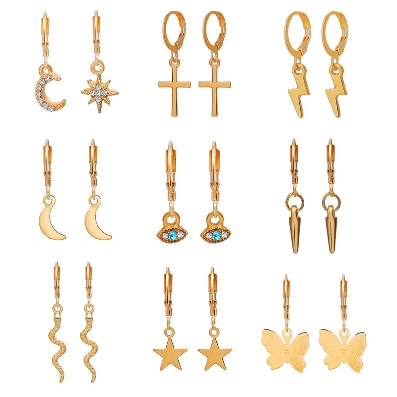 

9 Pairs Set Hot Selling Product Metal Alloy Earrings Set Creative Simple Eyes Lightning Ear Clip Set Korean Fashion