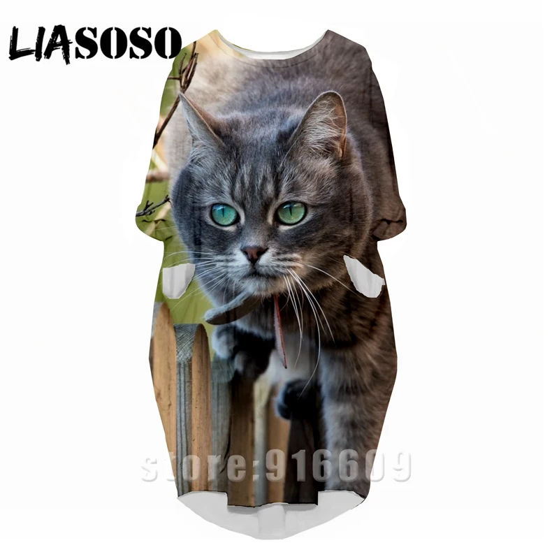 

LIASOSO 3D Print Fashion Funny Shirt Suit Rock Harajuku Animal Cat Women Anime Kitty Gown Lady Clothing Party Long-Sleeved Dress