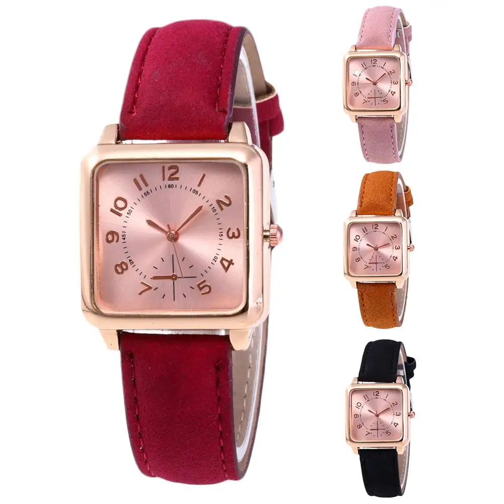 

Women Faux Leather Strap Square Dial Arabic Number Analog Quartz Wrist Watch