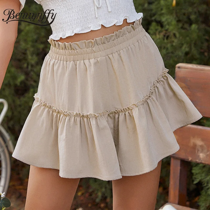 

Benuynffy Paperbag Waist Solid Ruffle Hem Skirts Women 2021 Summer High Waist Sweet Casual Ladies Korean Fashion Mini Skirt