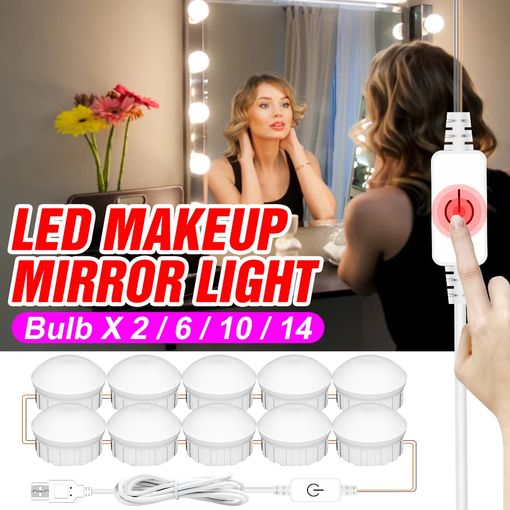 

LED Mirror Lamp USB Makeup Mirror Light Bulbs 5V Vanity Lights LED Hollywood Dressing Table Light Dimmable Bathroom Wall Lampara