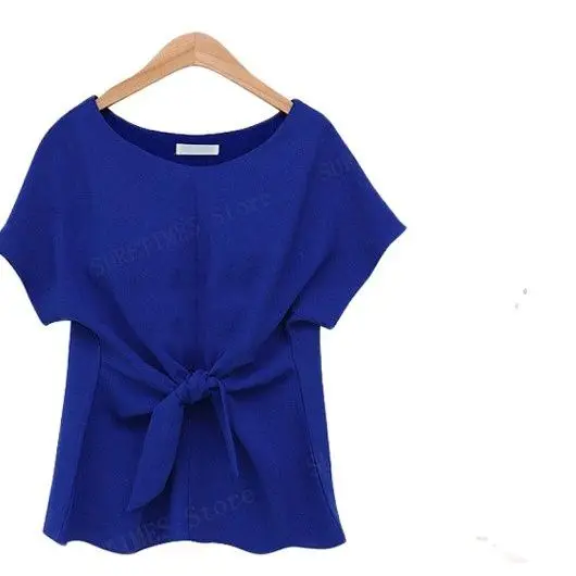 Женская шифоновая блузка с коротким рукавом круглым вырезом и бантом |