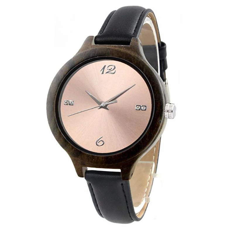 Dropshipping Fashion Womens Rose Gold Dial Wristwatch and Maple Wooden Watches with Leather Band Belt Strap