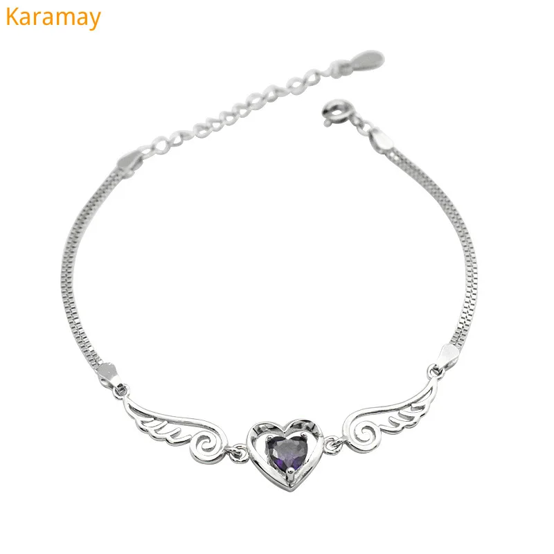 

S925 Pure Silver Angel Wings Bracelet chic Korean personalized female purple diamond love silver chain student silver jewelry