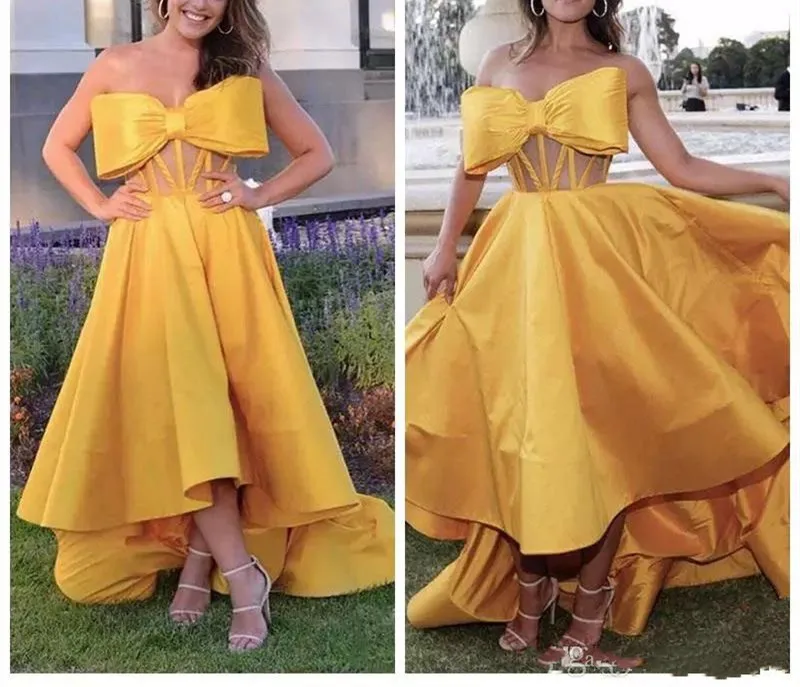 

Sweetheart High-low Prom Dresses 2019 Big Bow Illusion Bodice Special Occasion prom Dress Evening ball Gowns Sweep Train