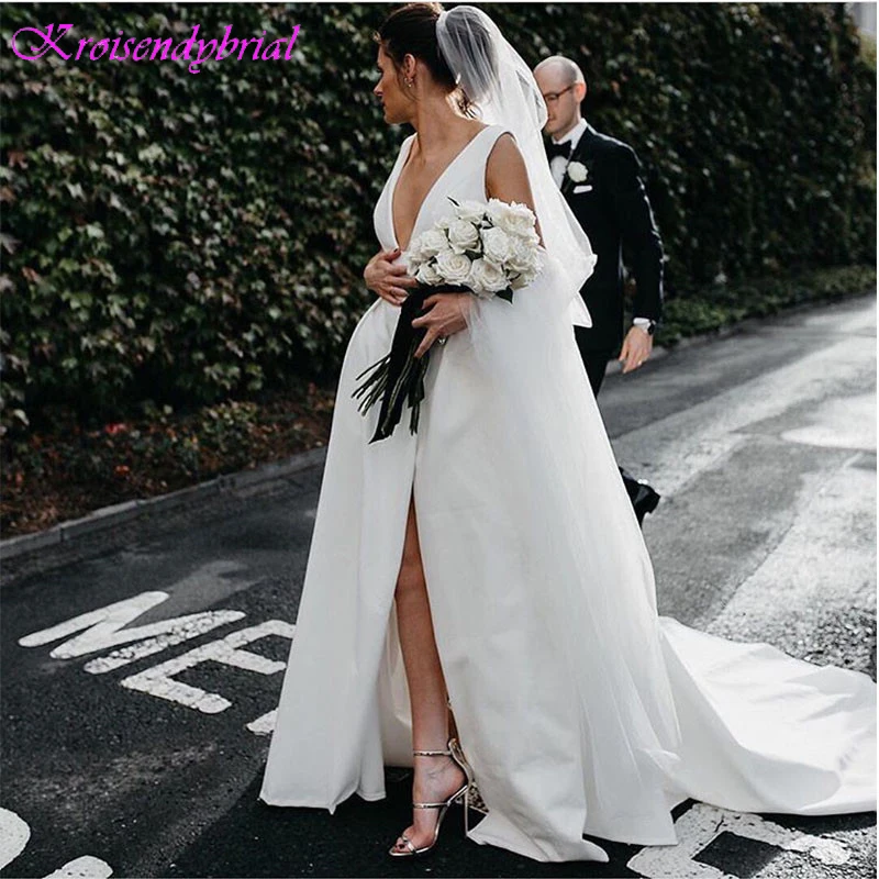 KRW012 Sexy Deep V Neck Slit Straps Satin Wedding Dresses 2019 Bridal Gown robe mariee Vestidos De Noiva de mariée dentelle | Свадьбы и