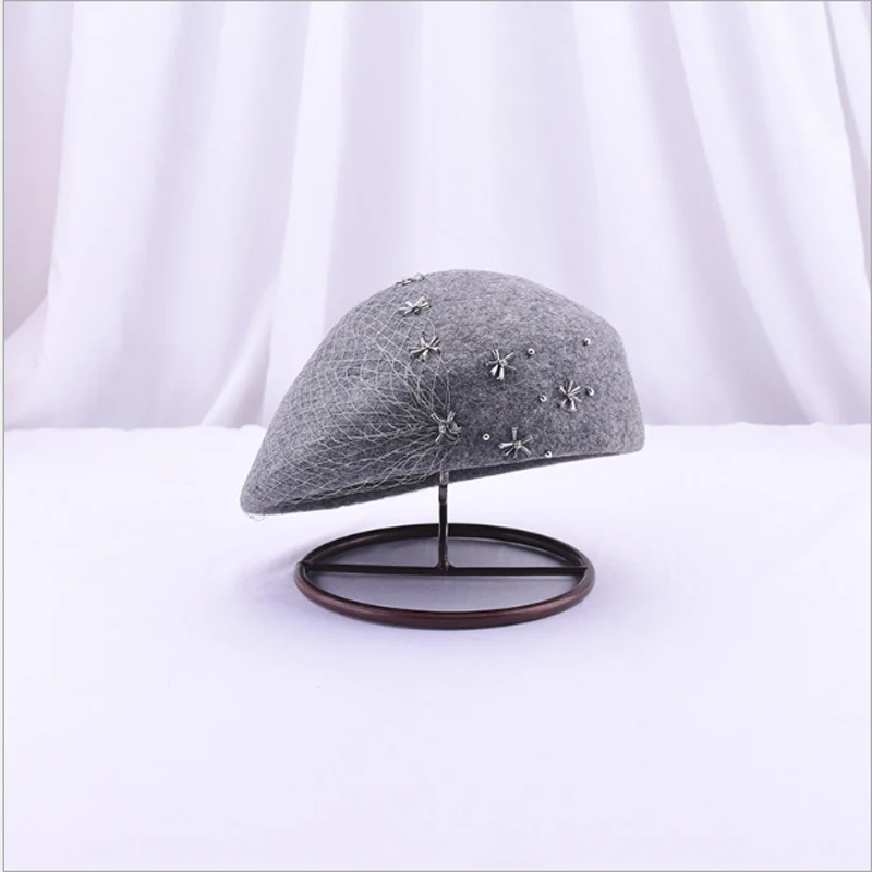 Берет из 100% шерсти фетровый женский Британская модная шляпа стразы вечерний