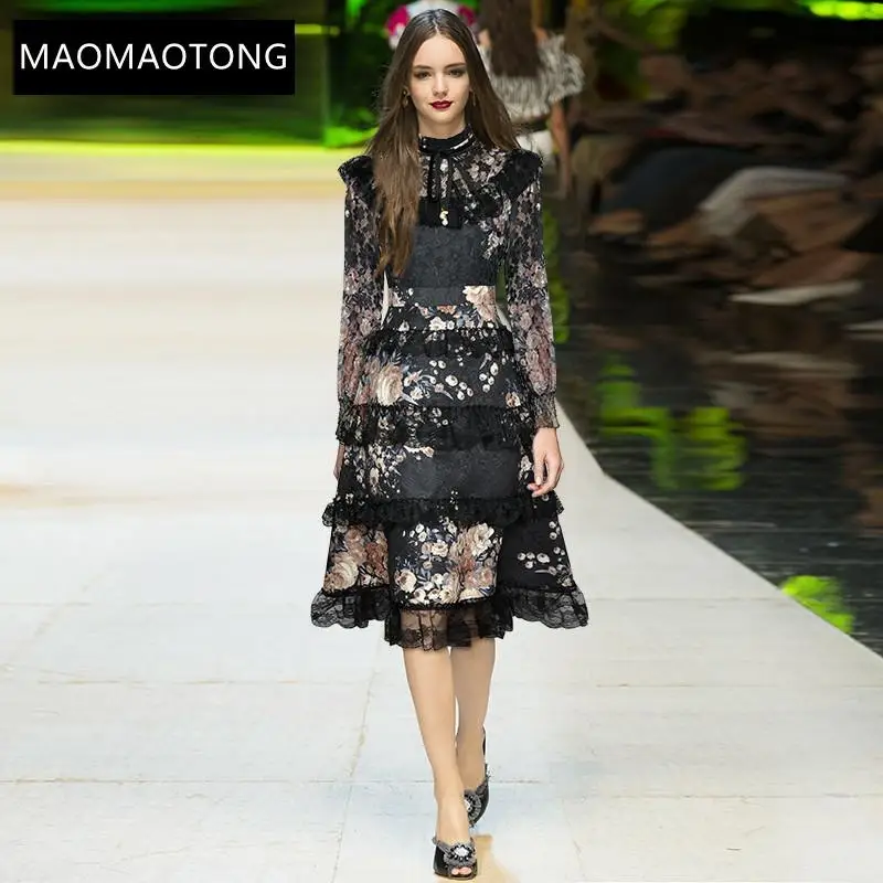 

Women's Clothing Fashion Designer Dress Autumn Women's Dress Stand Collar Long Sleeve Lace Cascading Ruffle Floral Print Dresses