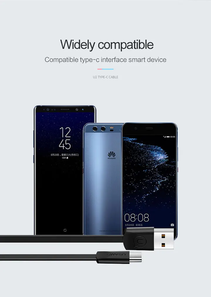 10 шт/много type C USB кабель, USAMS USB C кабель для samsung S9 s8 плюс кабель передачи данных для быстрой зарядки для Xiaomi 6 кабель зарядного устройства