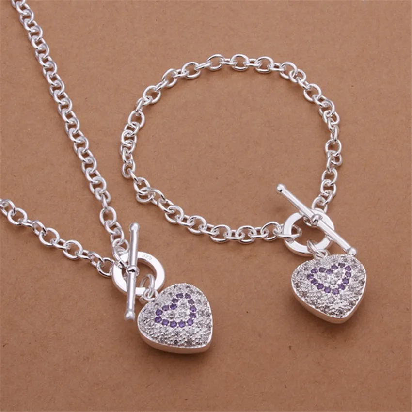 

New 925 sterling Silver charms fine heart crystal pendant necklace bracelets Jewelry sets for women Fashion Party Holiday gift