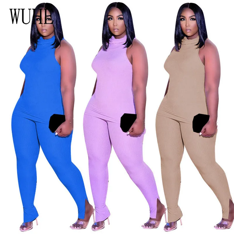 

KEXU Knitted Summer Sleeveless Crop Top Package Hip Skinny Pants Night Club Party Woman Two Piece Set Large Size XL-5XL