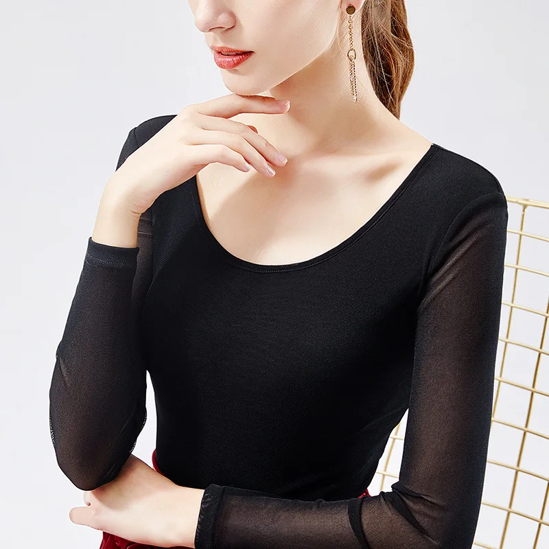 

Large size elastic tight top autumn women's wear perspective sexy long sleeve T-shirt with mesh backing