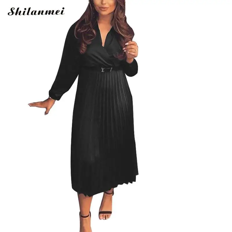 Vintage Green Satin Dress Women 2019 Autumn V-Neck Pleated Sexy Long Female A-Line Sleeve Elegant Party Dresses | Женская одежда