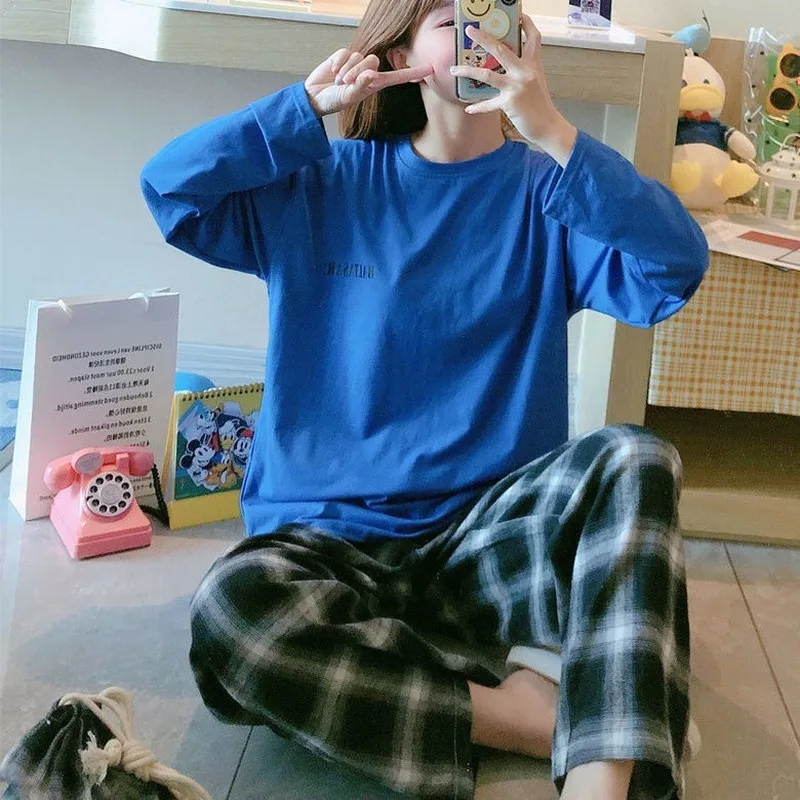 Home Clothes for Women Sleepwear Set Plaid Pants Letter Solid Top Pajamas for Women Pijamas Mujer Spring and Autum Pyjamas Women