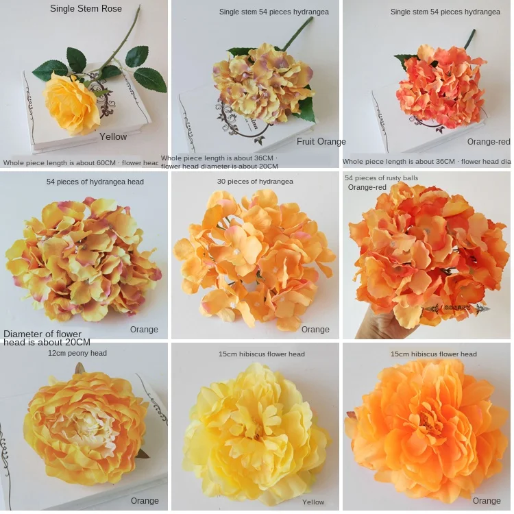 Искусственные цветы из гортензии оранжевого и желтого цвета для дома декор