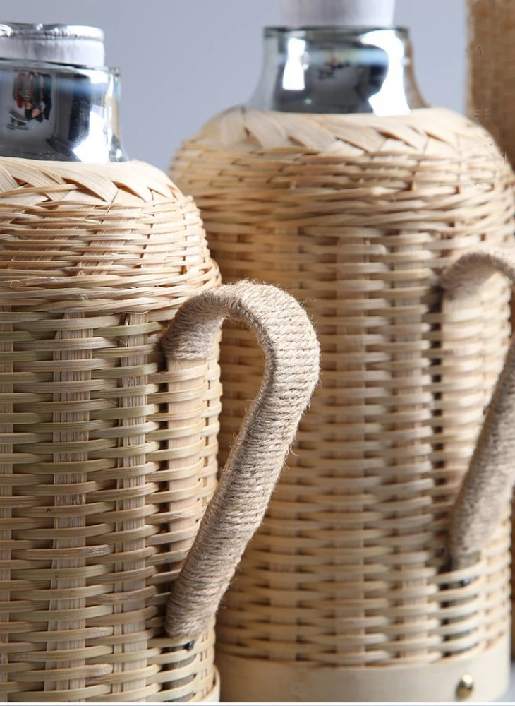 Handmade Bamboo Weaving Thermos Pot Bottle For Water With Cork Lid Cover And Handgrip Vacuum Flask Keep Warm Glass Inner Large