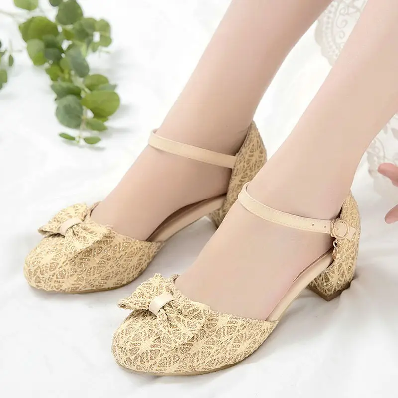 

Women Dorsay Pumps Mid Block Heel Fashion Women Pumps Ankle Strap Lace Pumps Bow Tie Casual Women Shoes Size 32-43