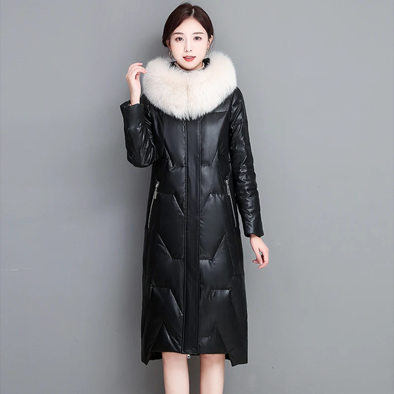 New Women Leather Down Coat Winter Fashion Real Fox Fur Collar Hooded Loose Sheepskin Overcoat Thick Warm Long Outerwear Female
