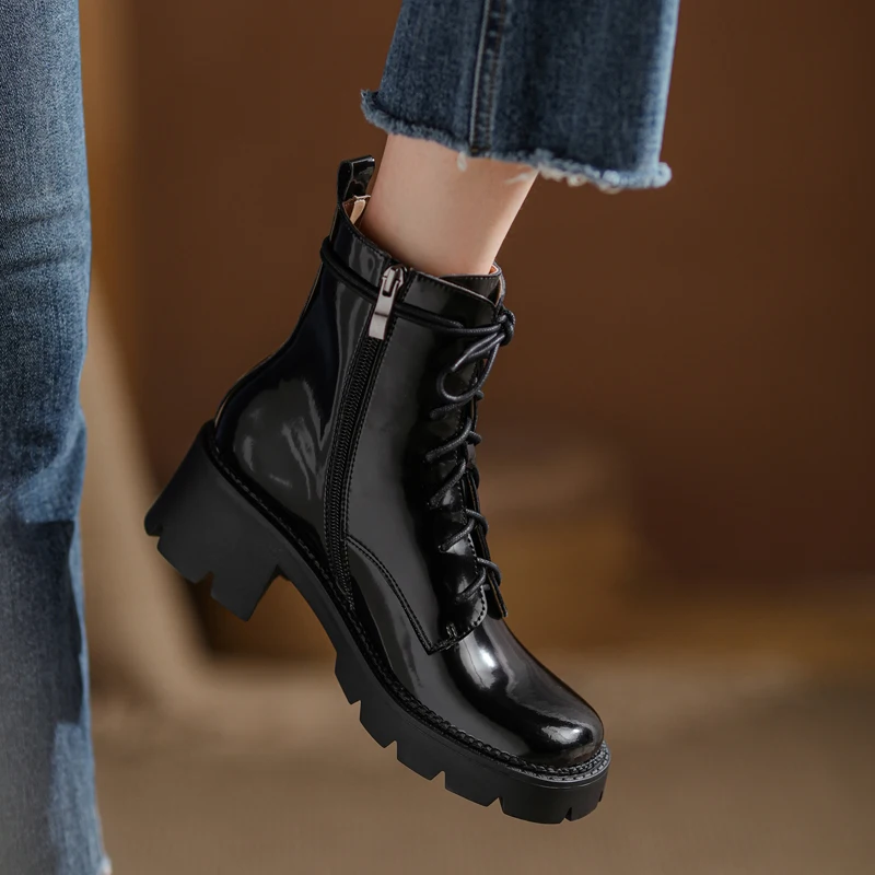 

2021 Woman Ankle Boots Ladies Boots Platform Shoes Winter for Female Boots Genuine Leather Cowboy Female Motorcycle Chunky Heels