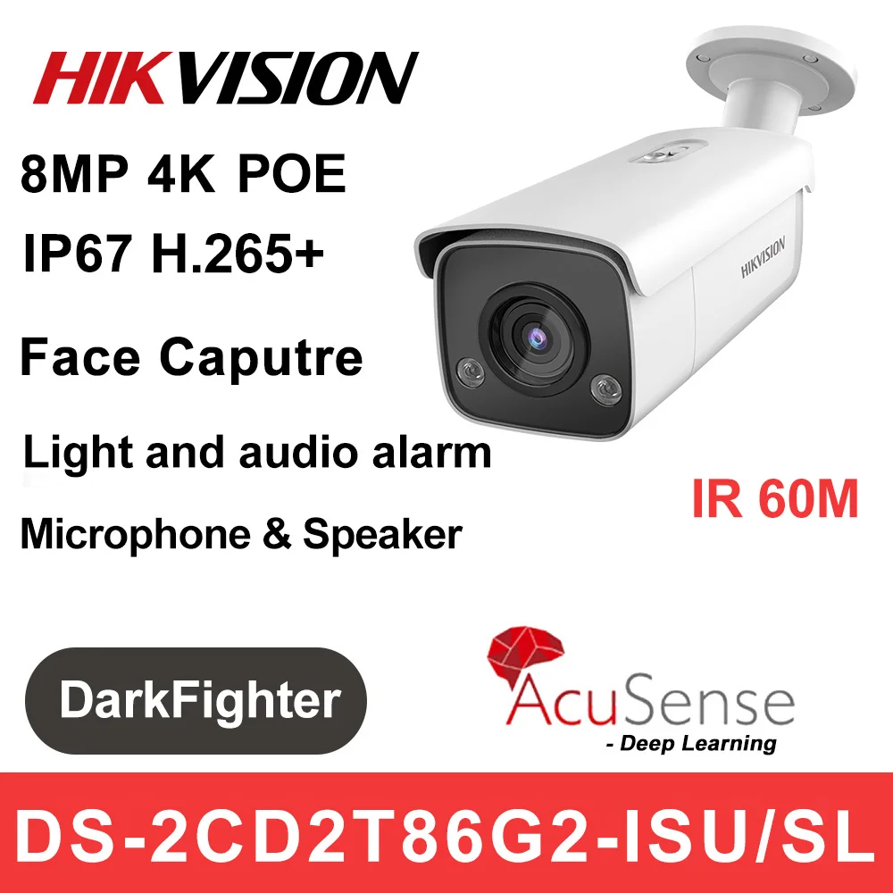 

Hikvision 4K 8MP IP Camera DS-2CD2T86G2-ISU/SL DarkFighter AcuSense Bullet IP67 60M Smart H.265+ SD Slot Audio Alarm