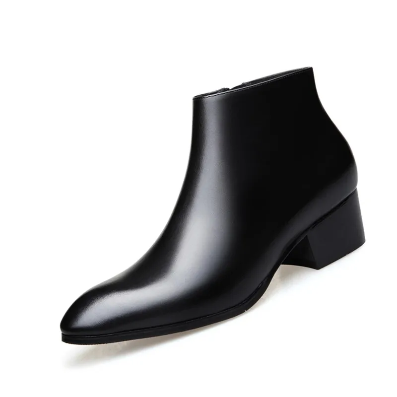 

5CM High-heeled Men's Boots Genuine Leather British Warm Shoes Men Ankle Fashion Pointed Toe Short Business Botas Size 46