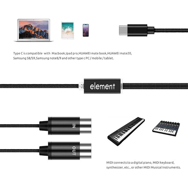 

MIDI Cable to T-C Converter, MIDI Interface with Indicator Light FTP Processing Chip Metal Shell