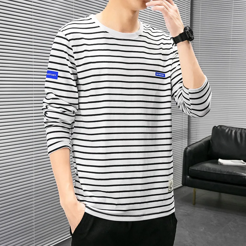 

2021 spring and autumn new men's casual long-sleeved T-shirt trend young handsome slim striped round neck bottoming shirt