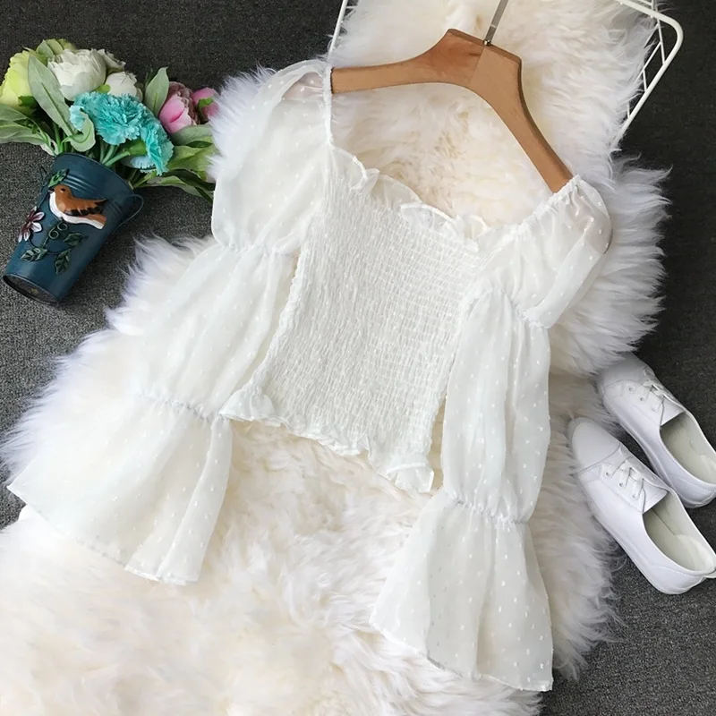 Шифоновая Блузка без бретелек с открытыми плечами и длинными рукавами