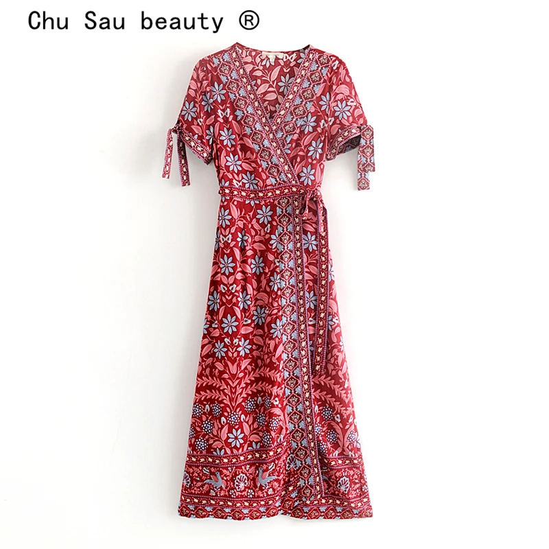 Женское платье с цветочным принтом Chu Sau beauty Boho свободное пляжное длинное бантом и