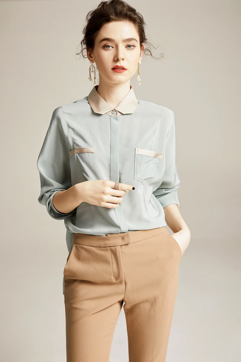 100% чистый шелк Женские рубашки отложной воротник цвет блок с длинным рукавом