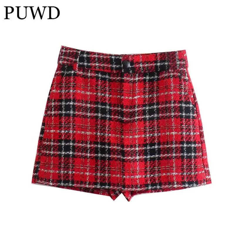 

PUWD Casual Women High Waist Straight Shorts 2021 Autumn Fashion Ladies England Style Skirt Female Plaid Shorts Skirt
