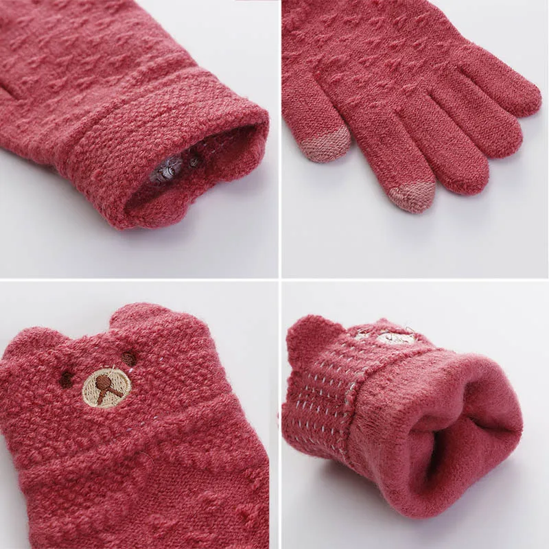 Женские зимние перчатки с милым медведем мягкие вязаные мультяшным принтом