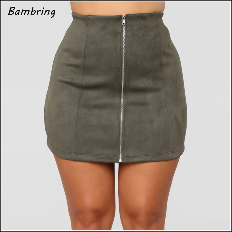 

Suede Leather Sexy Mini Skirt Women Skinny High Waist Zipper Ladies Olive Green Short Skirt Evening Party Designer New Custom
