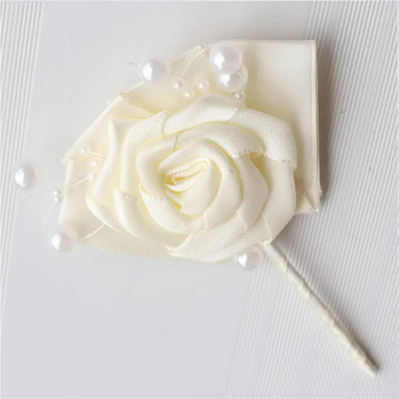 European Wedding Groom Boutonniere Pearl Corsage Customizable Ivory Ribbon Rose Ceremony Flower Man Suit Lapel Pin Brooch X994-J | Свадьбы и