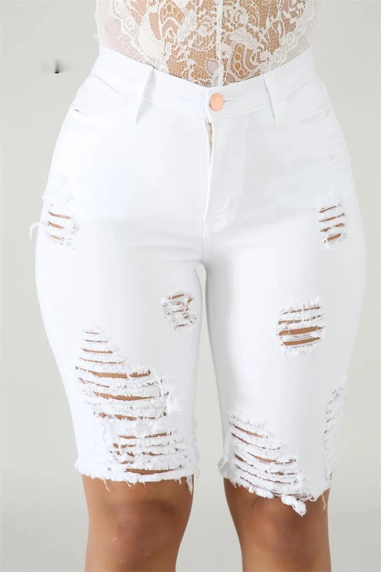 

Zoulv 2021 High-Elastic Solid Color Hand-Washed Hole-Breaking High Waist Zipper Button Fly Five-Point Denim Pants Casual Women