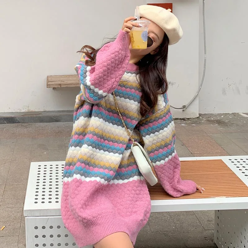 

One-Piece 2020 Korean Style Spring Autumn Dress Elegant Pullover Lazy Knitting Sweater Dress French Fashion Loose O-Neck Dresses