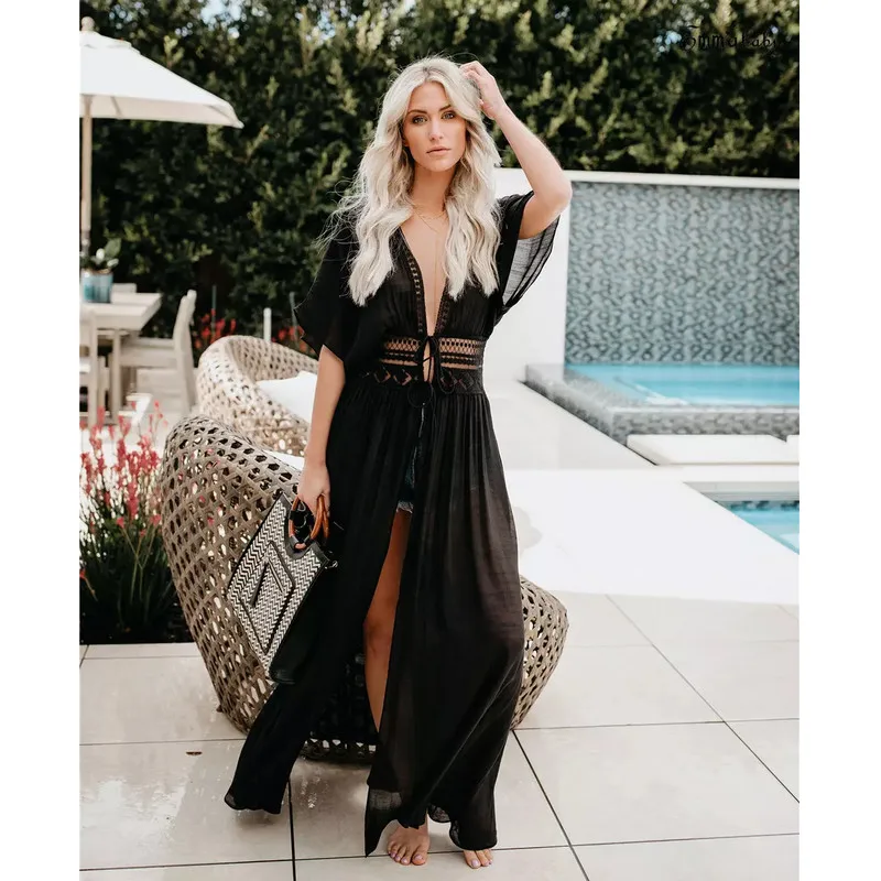 

NEW Women's Beach Boho Cover up Dress Lacce Hollow Waist Summer Casual Maxi Dress Beachwear 2020 Loose Dress Female Cardigan