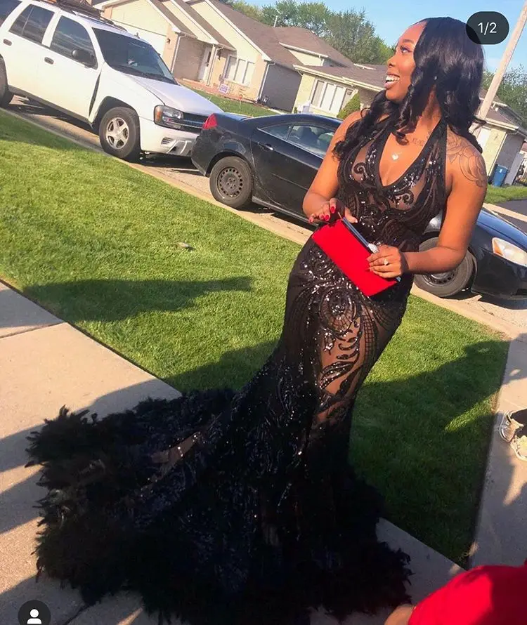 Sexy Long Mermaid Prom Dresses 2020 for Black Girls Sparkle Sequin Halter Neck with Feathers African Formal Dress Evening Gowns