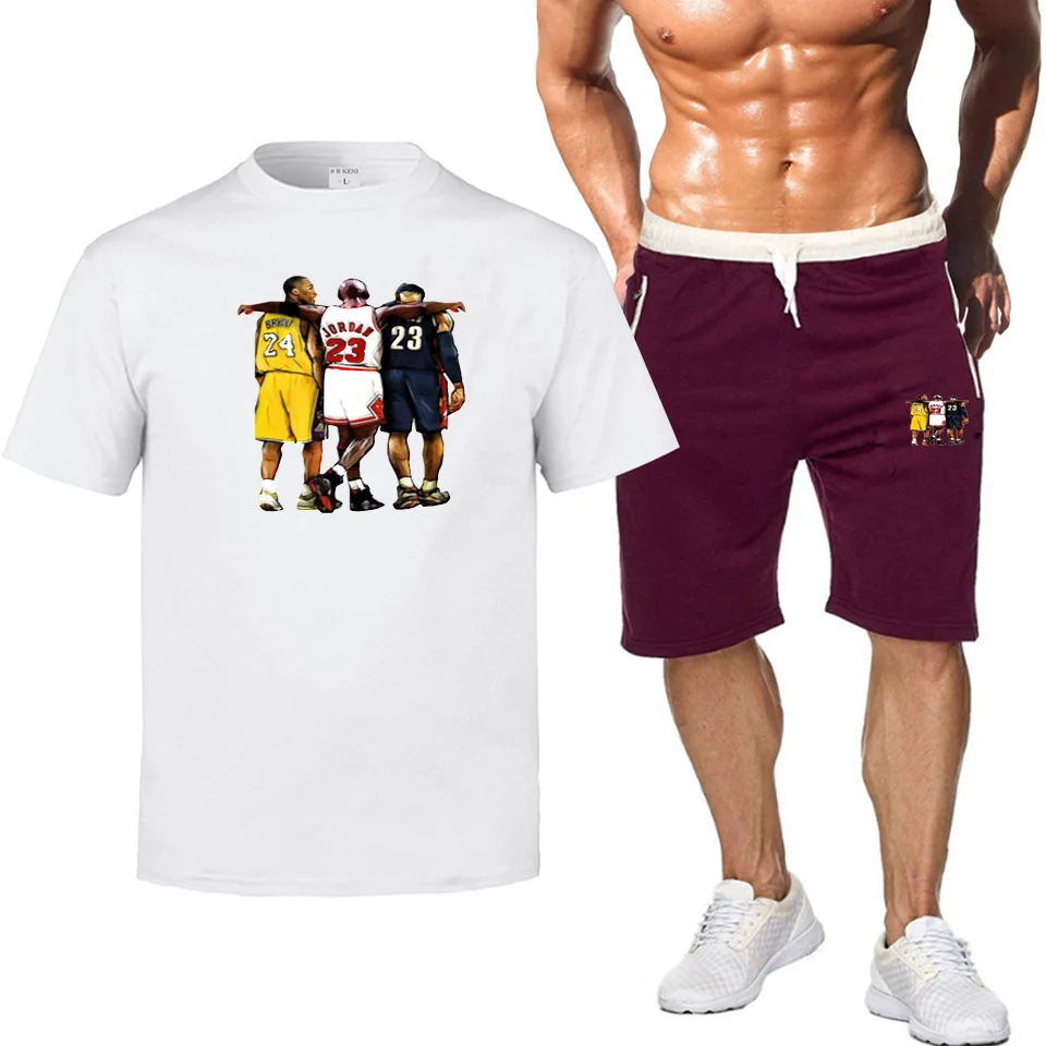 

New Summer Men's Shorts T-Shirt Set High Street Fashion Hot Selling Fitness Print Top Shorts
