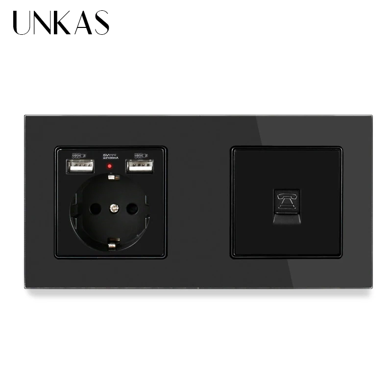 Панель из закаленного стекла UNKAS стандарт ЕС электрическая розетка с 2 USB + 1 Gang RJ11