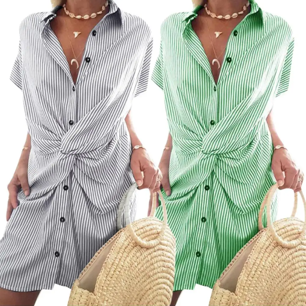 Женское Асимметричное мини платье рубашка с коротким рукавом и отложным