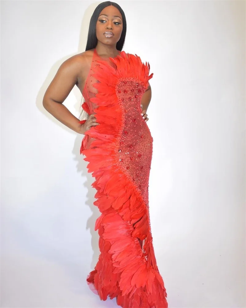 

Feather Beads Red Prom Dresses Sleeveless Evening Dress Custom Made Floor Length Party Gown
